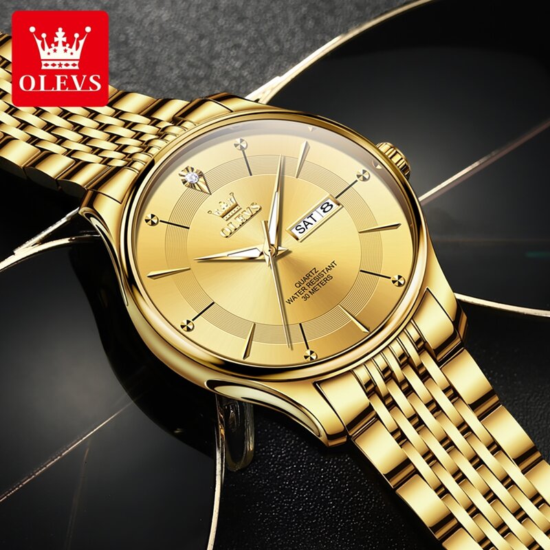 OLEVS jam tangan Quartz pria, arloji emas asli untuk pria, jam tangan mewah elegan tanggal pekan, jam tangan bercahaya, anti air, Stainless steel tren