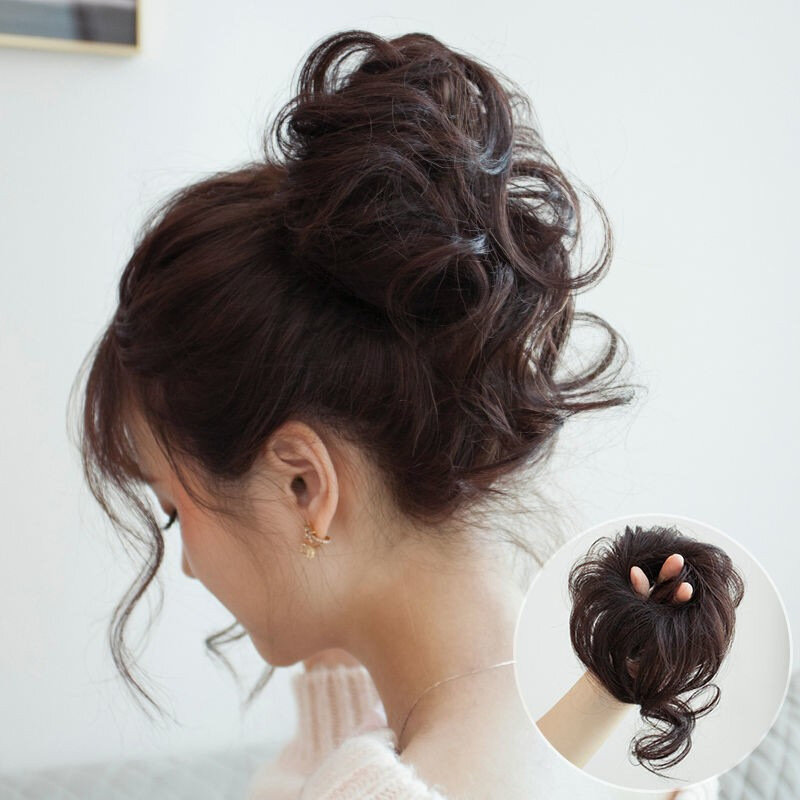 Rambut palsu Chignon sintetis, ikat rambut ekstensi elastis keriting berantakan, hiasan rambut palsu hitam cokelat untuk wanita
