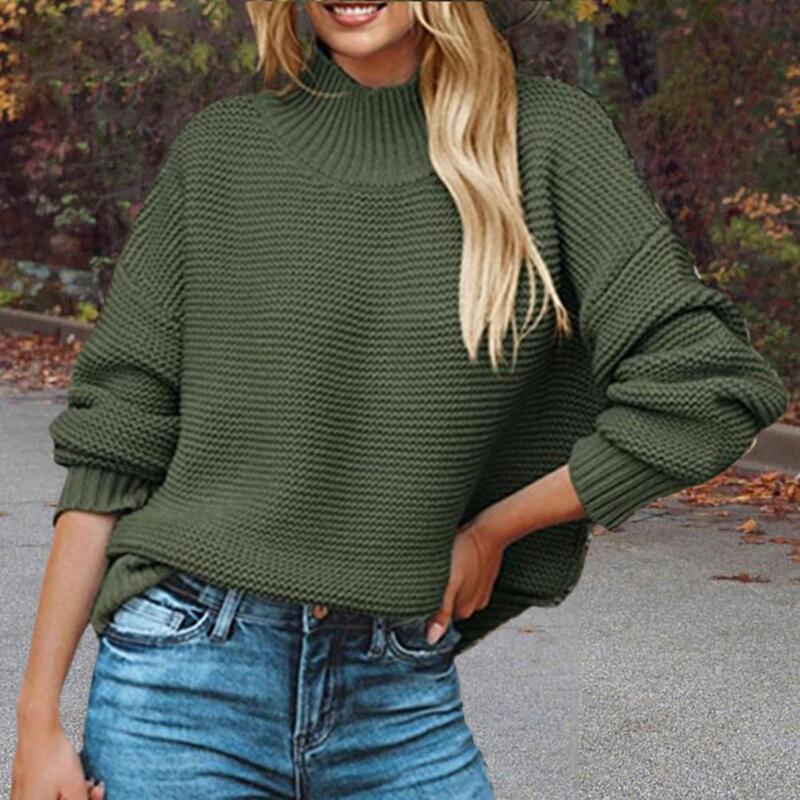 Sweater rajut kasual wanita, atasan rajutan setengah kerah tinggi lengan panjang bergaris ukuran besar musim gugur musim dingin