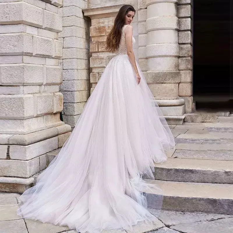 Classic a Line wedding sleeveless applique sequin tulle sweep train elegant Princess Long Beach Auditorium bridal gown for women