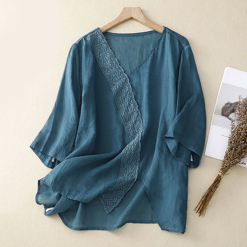 Women's Cotton And Linen Shirts Round Neck Short Sleeved Pullover Literature Retro Style Hong Kong Flavor Patchwork Shirts