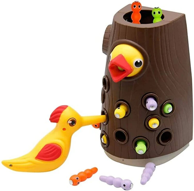 Montessori Toy for Children, Woodpecker Magnetic Catch, Worm Bugs, Small Birds, Feeding Game, Kids Early Educational Family Toys
