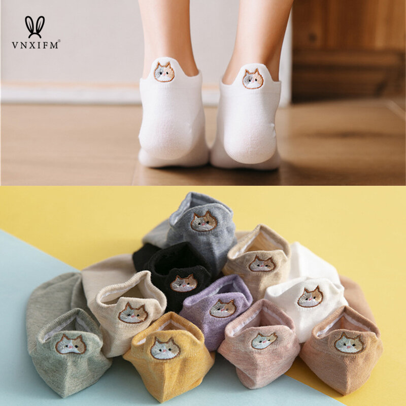 Fashion pure cotton cat women's socks new heel cartoon embroidered socks heel small ears three-dimensional leisure boat socks