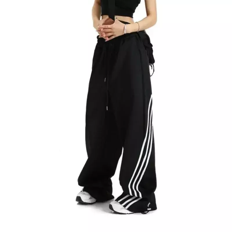 ديبتاون-بنطال رياضي هاراجوكو أسود مخطط للنساء ، ملابس شارع كورية ، بنطال عتيق عريض الساق للركض ، بنطال كيبوب هيبي ، كبير الحجم