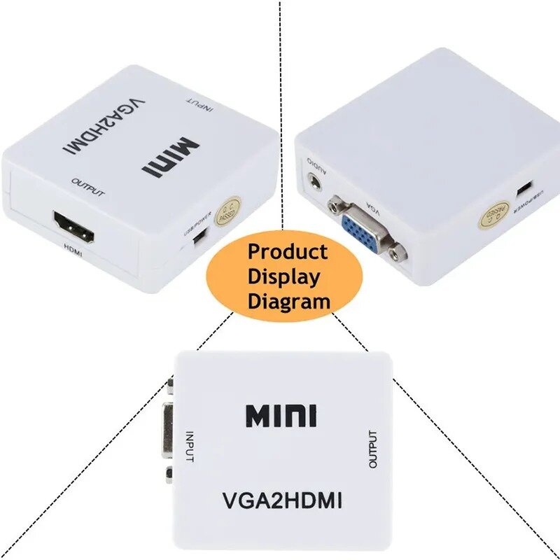 Grwibeoou-adaptador mini vga para hdmi, conector de áudio, 1080p, vga2hdmi, para pc, laptop, projetor, hdtv