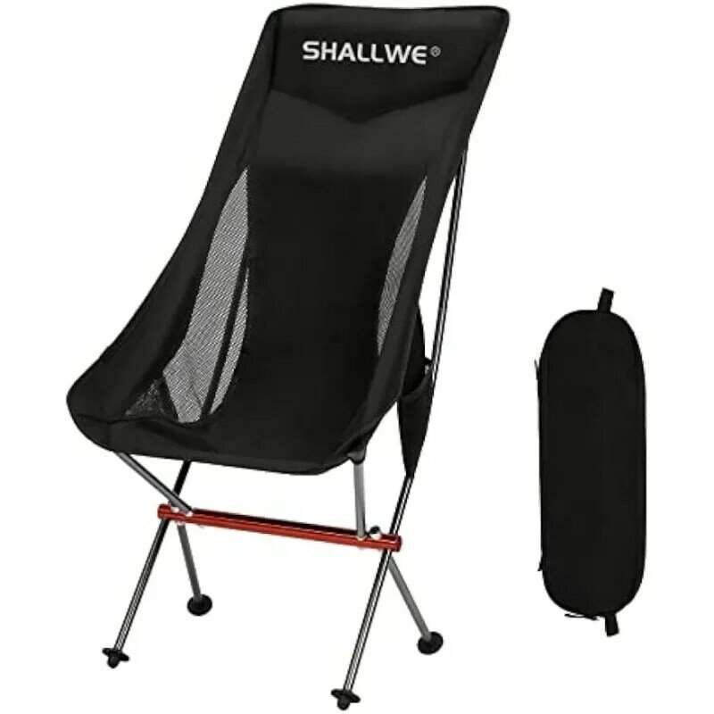 SHALLWE-Silla de Camping plegable ultraligera de espalda alta, estructura de aluminio mejorada, almohada integrada, bolsillo lateral y bolsa de transporte