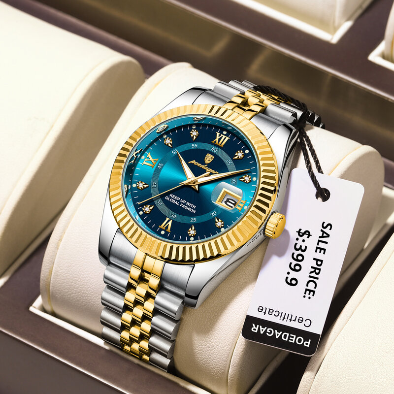 POEDAGAR-Relógio de pulso masculino de luxo, impermeável, luminoso, data, quartzo, aço inoxidável, relógios masculinos, caixa incluída