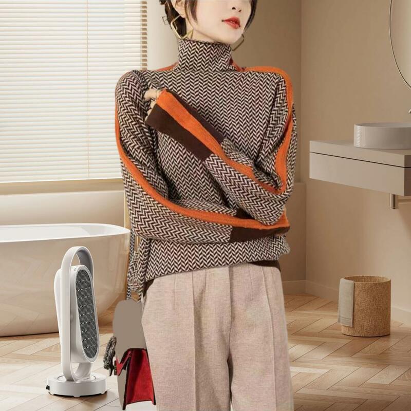 Sweater wanita kerah tinggi, Sweater elastis nyaman musim gugur musim dingin warna kontras rajutan Pullover tebal hangat desain Splicing