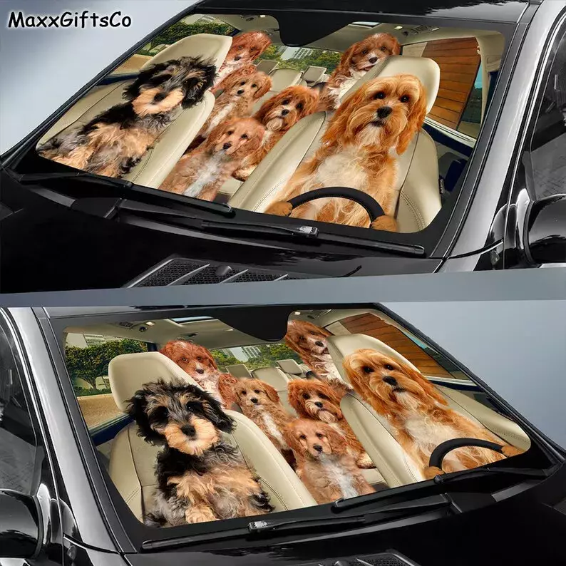 Cavapoo Car Sun Shade, Cavapoo Windshield, Dogs Family Sunshade, Dogs Car Accessories, Car Decoration, Gift For Dad, Mom