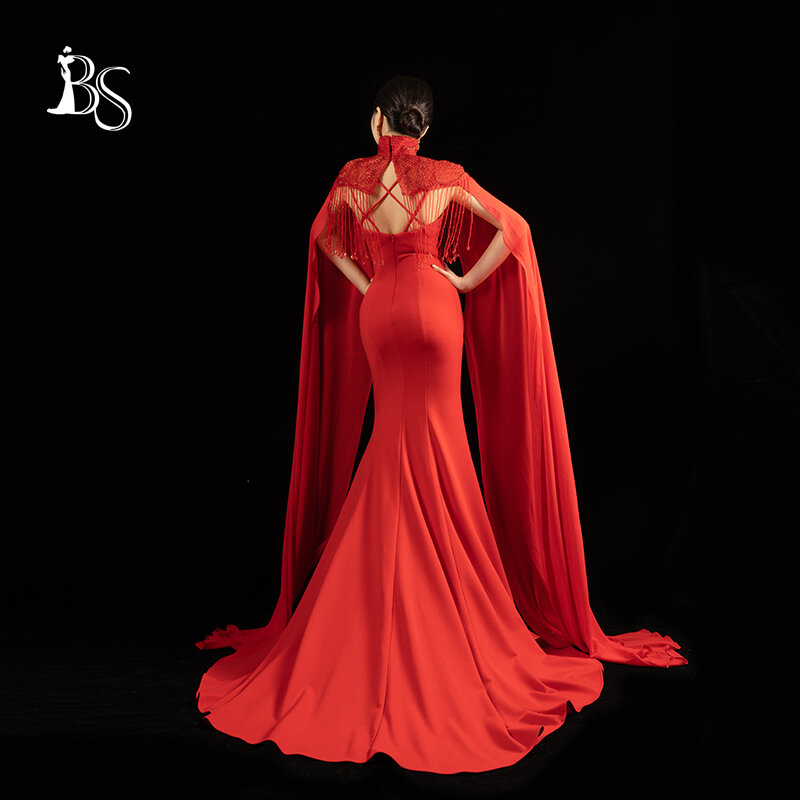Bruiloft Banket Rode Avondjurk Lange Rok Vrouw Afneembare Cape Tweedelige Set Elegante Prestatie Kleding 915-1 #