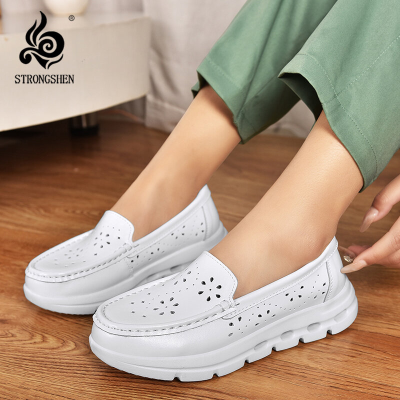 STRONGSHEN New Women Nurse Flat Shoes Fashion White Slip on Comfort Hollow Out Moccains Work Shoes Women Wedge Platform Sneakers
