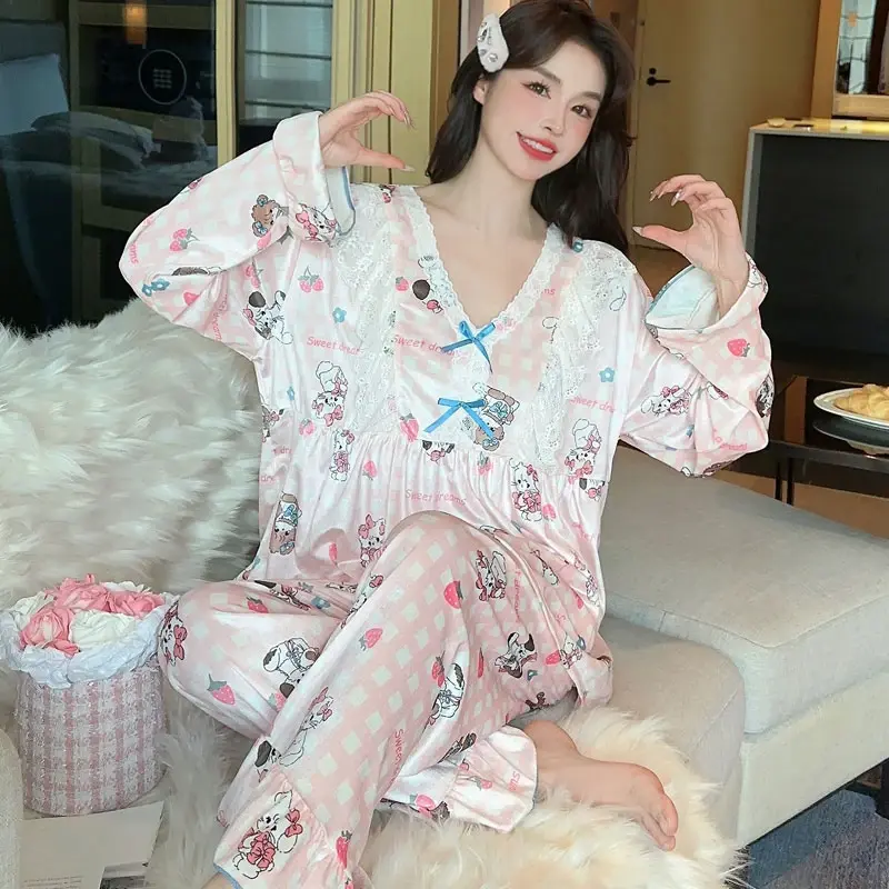 Pijama feminino de mangas compridas, terno de veludo, desenho animado impresso, de alto grau, pode ser vestido fora, Homewear, plus size