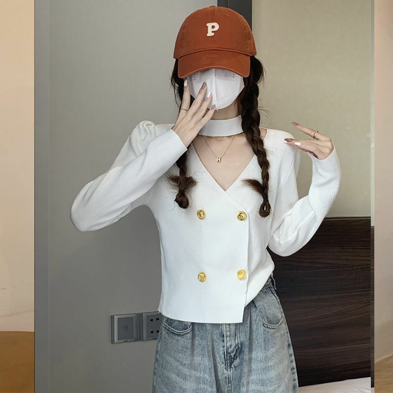 Solidny kardigan damski z długim rękawem dla dziewczynek Biały koreański styl V Neck Ladies Double Breasted Elegant Buttons Vintage Tee