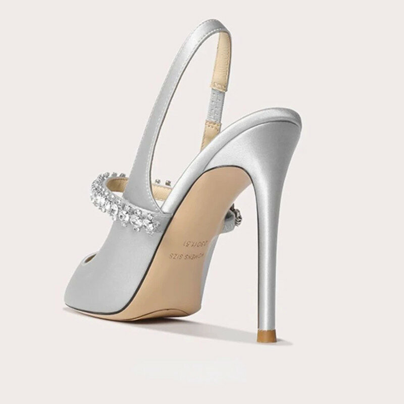 Zapatos de tacón alto con punta puntiaguda para mujer, sandalias de satén de lujo con diseño de diamantes de imitación, zapatos de vestir de fiesta, Sexy y elegante