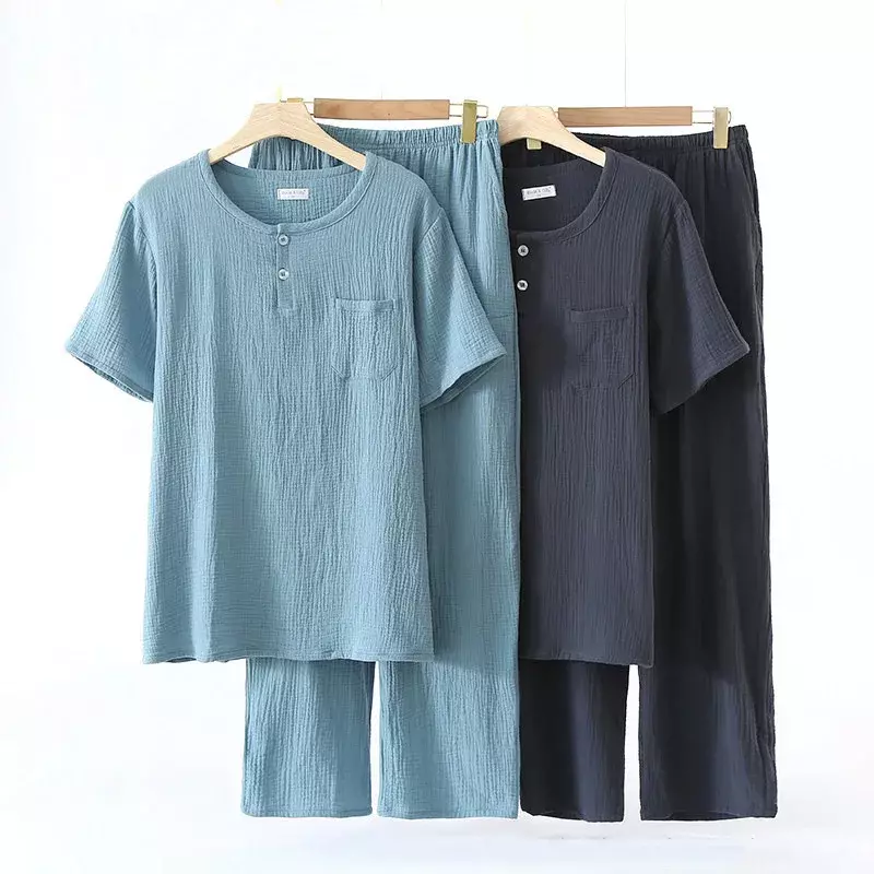Conjunto de pijama de quatro estações masculino, gaze com dois botões, calça de manga curta, pijama casual, cor sólida solta, tamanho grande