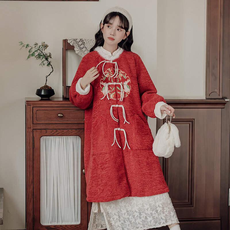เสื้อโค้ทบุขนสัตว์เทียมสไตล์ประจำชาติของผู้หญิงเสื้อโค้ทผ้าคอตตอนปักลายปกป้องสิ่งแวดล้อมเสื้อโค้ทจีน