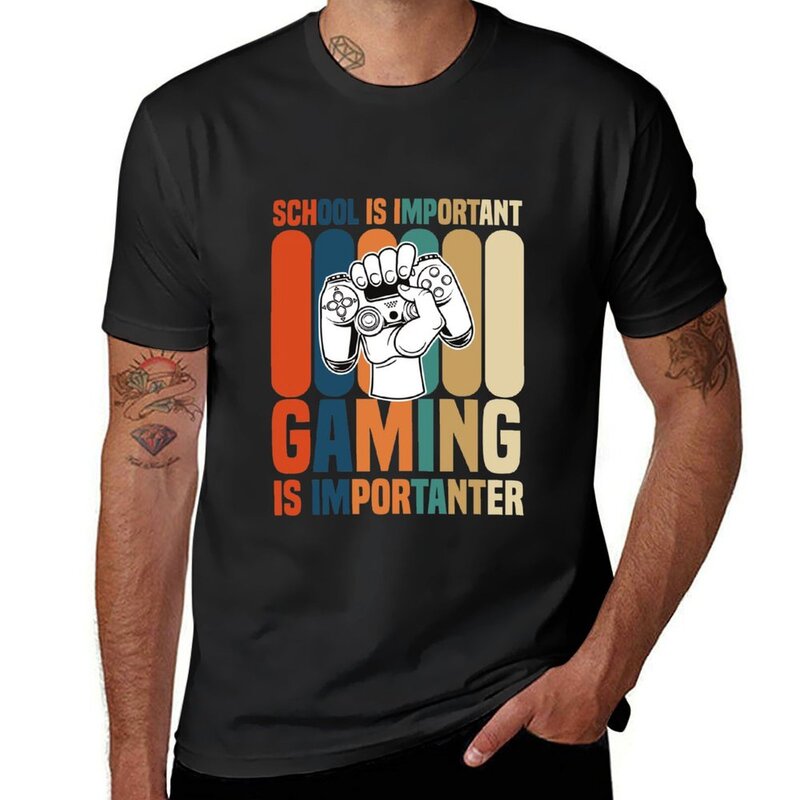 Schule ist wichtig, aber Gaming ist wichtig T-Shirt Hippie Kleidung Vintage Kleidung Männer T-Shirts