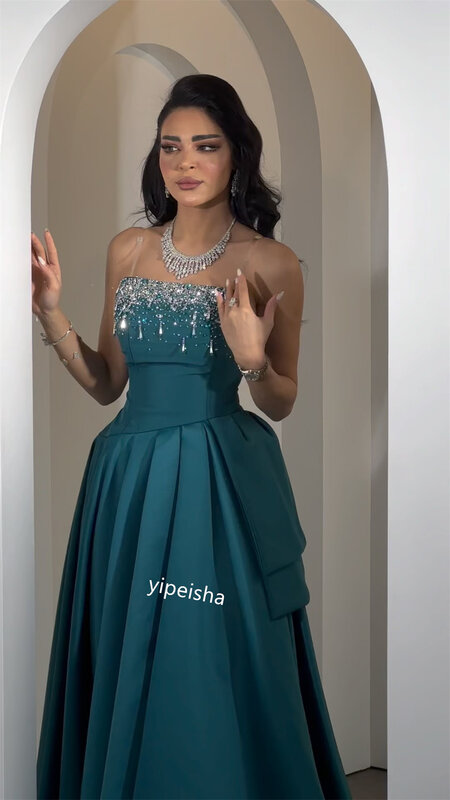 Gaun Prom malam Satin manik-manik gaun pesta pertunangan tanpa tali tanpa badan untuk acara panjang es Saudi Arabia