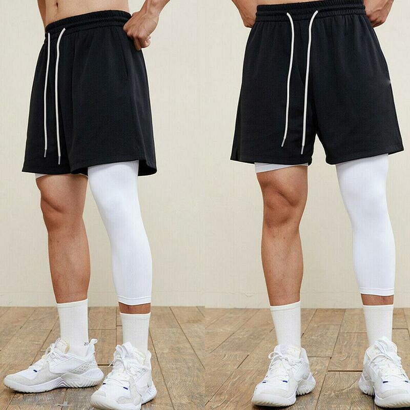 Moda masculina camada base calças de exercício compressão correndo apertado esporte cortado uma perna leggings basquete futebol yoga calças