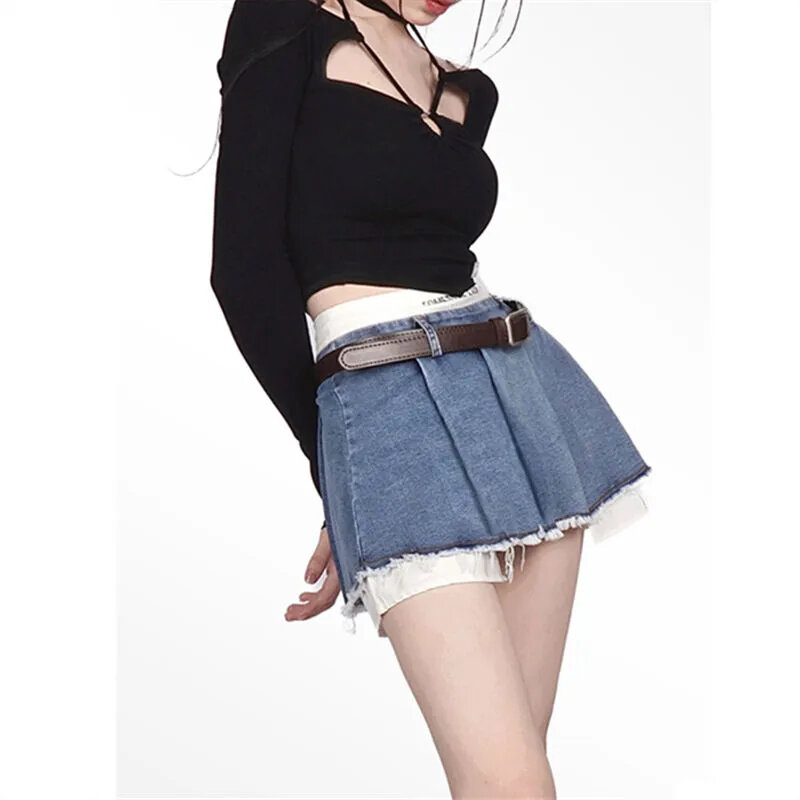 Gidyq rok Denim tambal sulam untuk wanita, rok Mini pinggang tinggi modis gaya Korea, Rok jins rumbai kasual musim panas untuk wanita