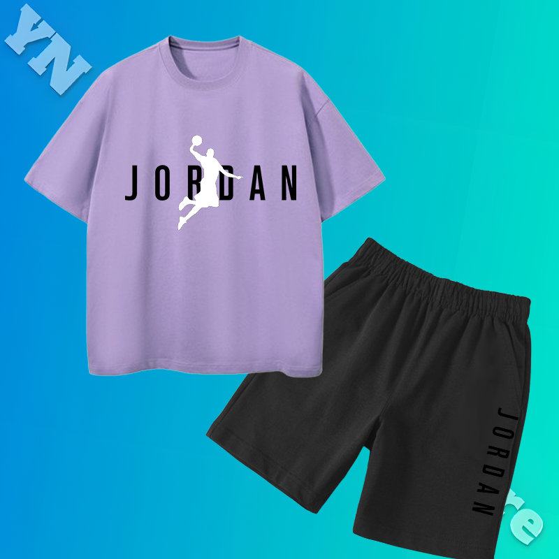 Roupa casual esportiva de duas peças para meninos e meninas, camiseta de manga curta, calça solta simples, roupa exterior, criança na moda, estampada