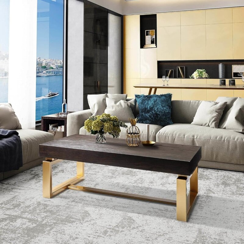 Mesas de café com pernas douradas, tampo de madeira retangular, fazenda moderna, móveis para sala de estar, móveis 42 "L