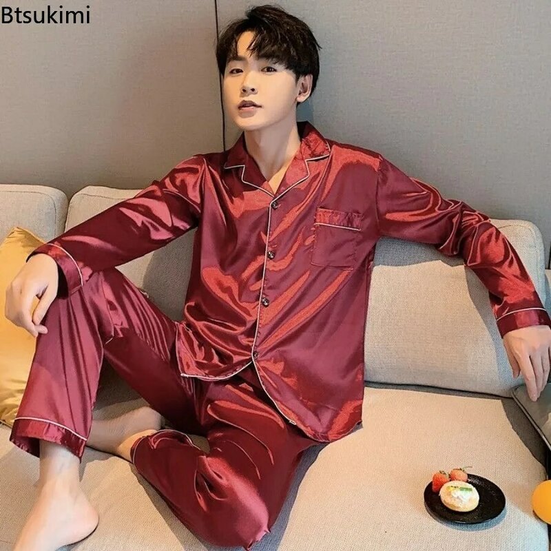 Calça pijama de seda extragrande masculina e pijama manga longa cetim, conjuntos casuais de pijama, noite, loungewear doméstico