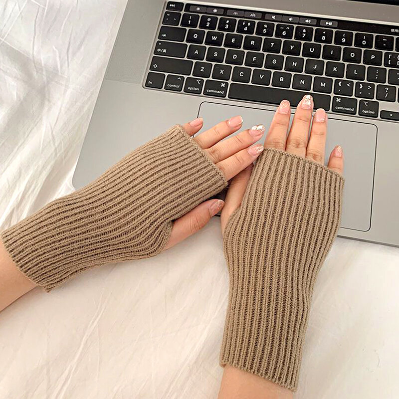Зимние теплые трикотажные перчатки без пальцев в Корейском стиле, Женские однотонные рандомные перчатки с открытыми пальцами, теплые перчатки для рук