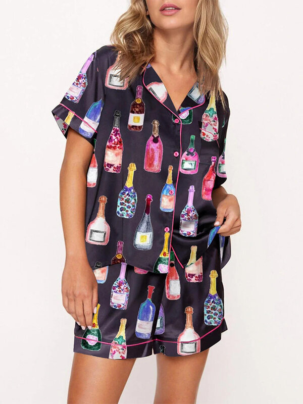 女性用半袖パジャマセット,2枚,シャンパンプリント,ボタンアップ,シャツとショーツ,家庭用衣類,夏