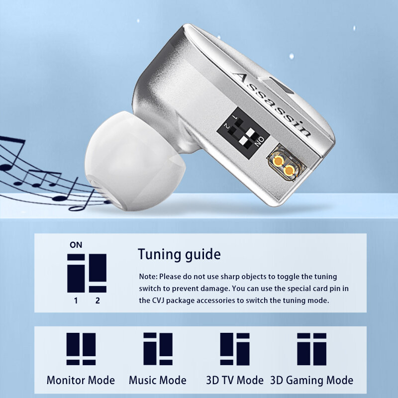 CVJ Assassin srebrne słuchawki douszne 1BA + 1DD + 1 wibruje tryb gry mikrofon HIFI hybrydowy przełącznik przewodowe słuchawki douszne słuchawek IEM