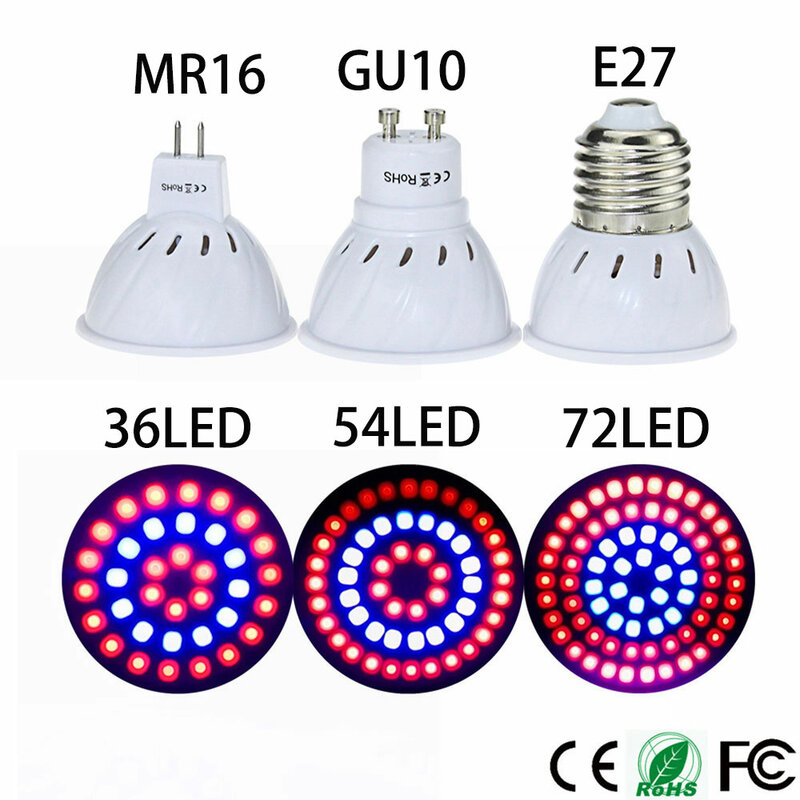 새로운 수족관 수경 램프, 전체 스펙트럼 성장 조명, 36 LED, 54 LED, 72LED 식물 전구, E27, GU10, MR16