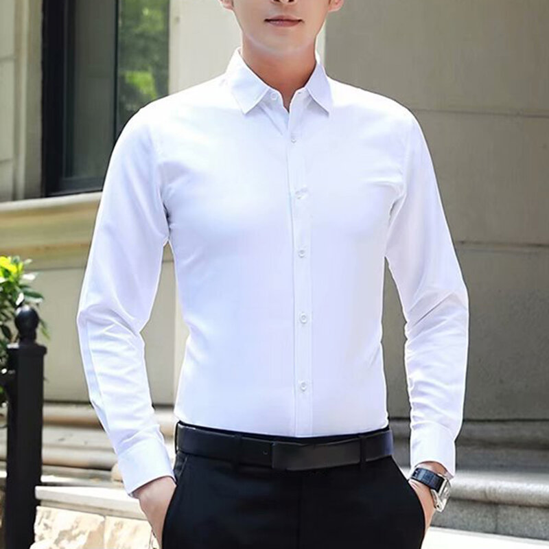 Мужская однотонная деловая рубашка, модная классическая Базовая Повседневная приталенная белая рубашка с длинными рукавами, брендовая одежда