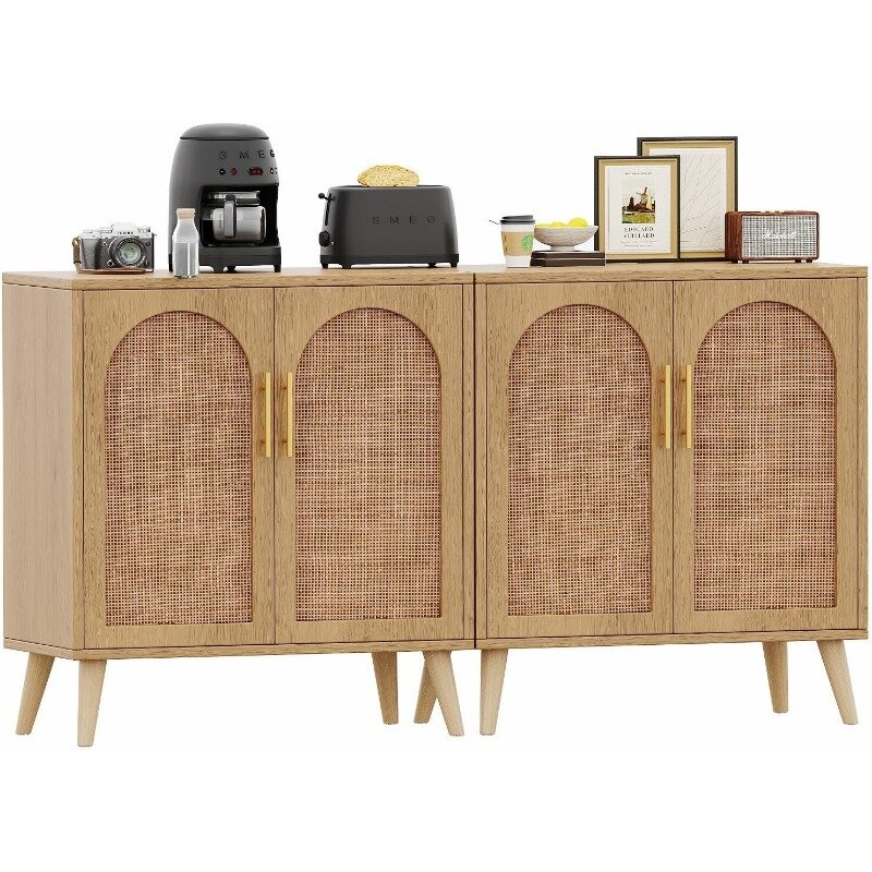 Set of 2 Rattan Storage Cabinet with Doors, Accent Bathroom Floor Cabinet, Modern Sideboard Buffet Cabinet for Living Room