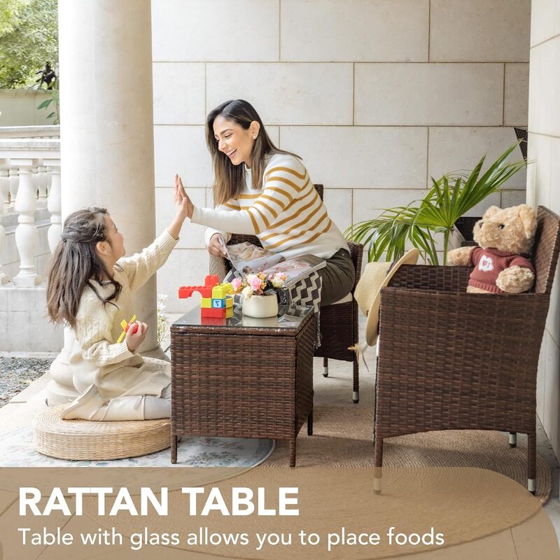Devoko Patio portico set di mobili 3 pezzi PE Rattan sedie in vimini con tavolo set di mobili da giardino per esterni (marrone/Beige)