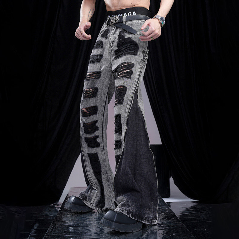Мужские джинсовые брюки FEWQ, с дырками, на молнии, в американском стиле, индивидуальные штаны с колокольчиками, модель 24Y148 на лето, 2024