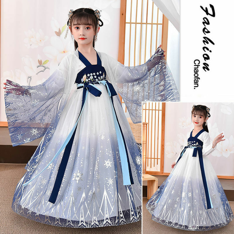 Han estilo para meninas antiga princesa vestido estilo chinês das crianças elegante estilo tang vestido para o desempenho na primavera e no outono