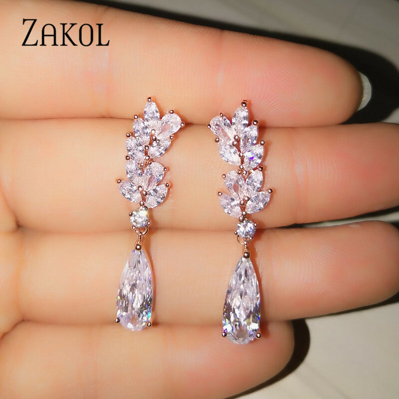 Zakol Wit Zirkoon Leaf Bengelen Oorbellen Voor Vrouwen Glanzend Water Drop Crystal Bloem Hanger Earring Bruids Bruiloft Sieraden