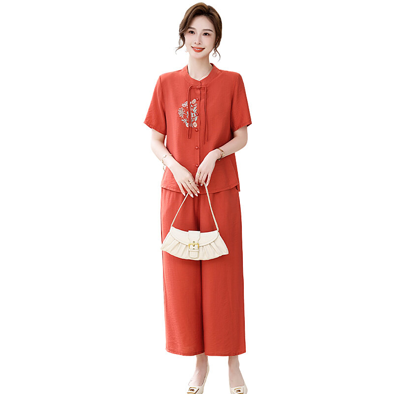 Chemise Qipao brodée à manches courtes pour femmes, ensembles de pantalons à jambes larges pour femmes, vêtements vintage décontractés, été, 2 pièces