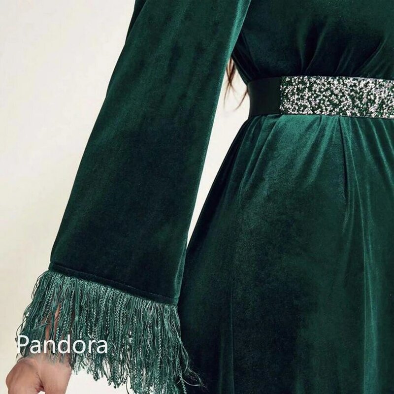 Pandora-Robe de soirée formelle perlée pour femme, manches longues, col en V, longueur de rinçage, robe trapèze, mariage, anniversaire, robe de soirée de Rh