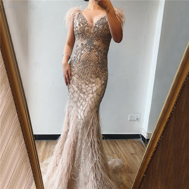 Luxury Dubai Arabic Women Sequined Long Evening Dress 2024 Prom Gowns Feathers Elegant Beading Wedding Formal Party Vestidos