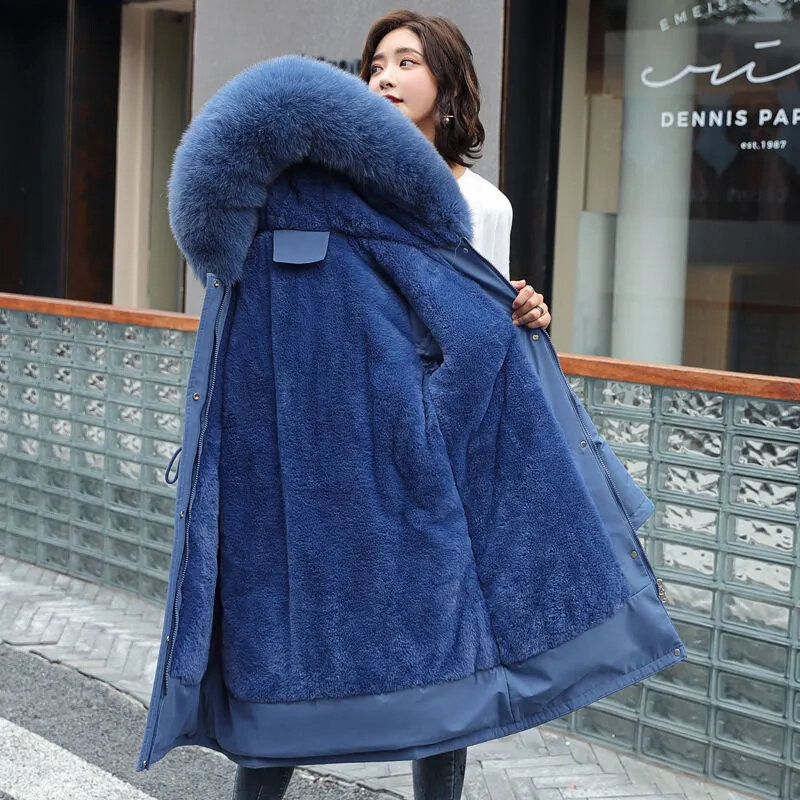 MOLAN-Parka larga con forro de lana para mujer, chaqueta con capucha, cuello de piel, gruesa, cálida, ropa de nieve acolchada, invierno, 2023