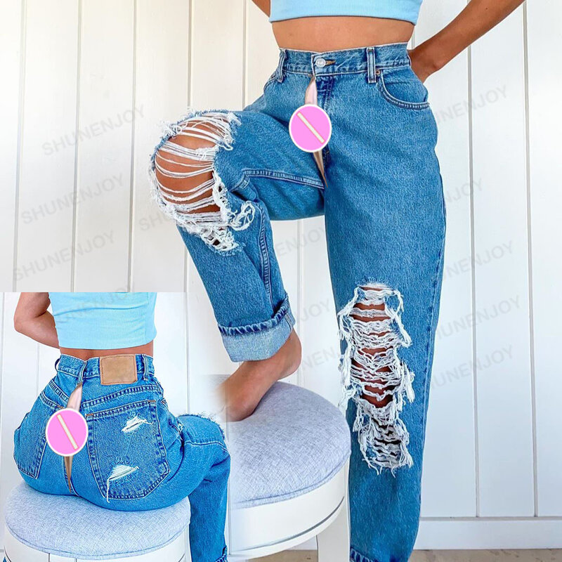 Summer Ripped Jeans Women's Invisible Open Crotch Pants Destroyed Retro Y2g Streetwear Loose Wide Leg Denim Trousers Outdoor Sex