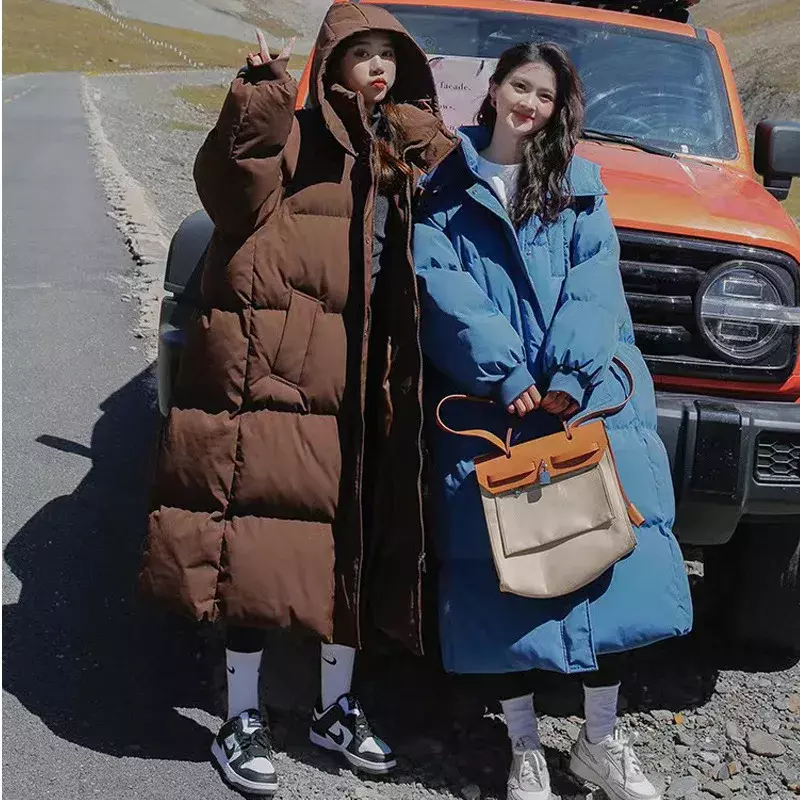 Casaco de algodão longo e reto feminino, jaqueta puffer solta coreana, parkas femininas quentes, outwear de inverno, nova moda, 2023