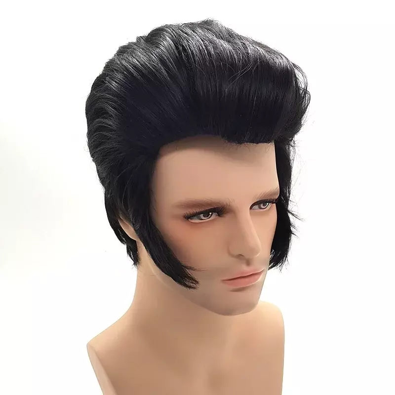 Baru! Wig Cosplay Elvis penyanyi Rock pria, wig pesta rambut sintetis tahan panas hitam Elvis + topi Wig