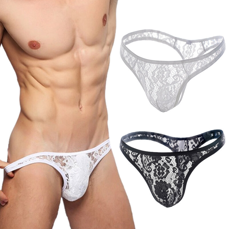 1pcs Men Lace Thong Sexy Underwear See through Tanga hombre G String Transparent Lingerie Underpants T-Back Panties