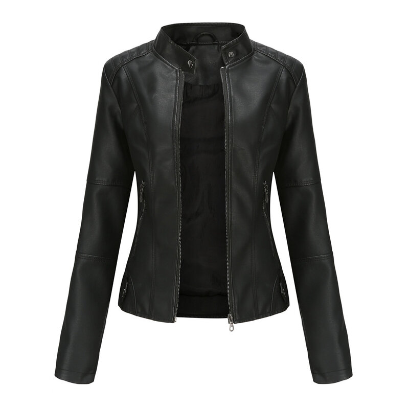 Jaket kulit wanita, 2024 musim semi musim gugur hitam PU kulit mantel berdiri kerah jaket pengendara Motor