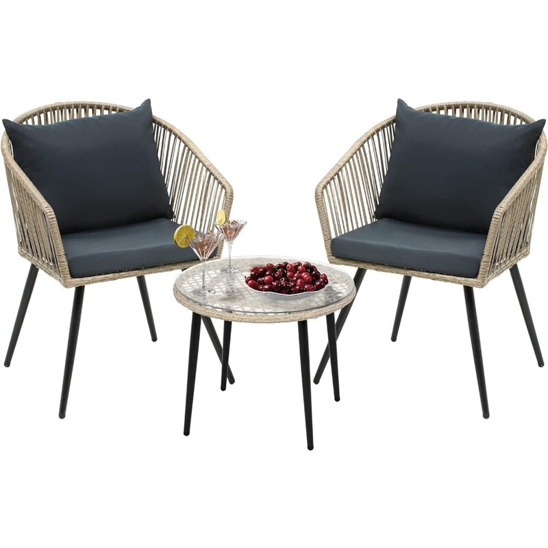 3-Piece Outdoor Patio Furniture Wicker Bistro Set, All-Weather Rattan Conversation Chairs for Backyard, Balcony and Deck