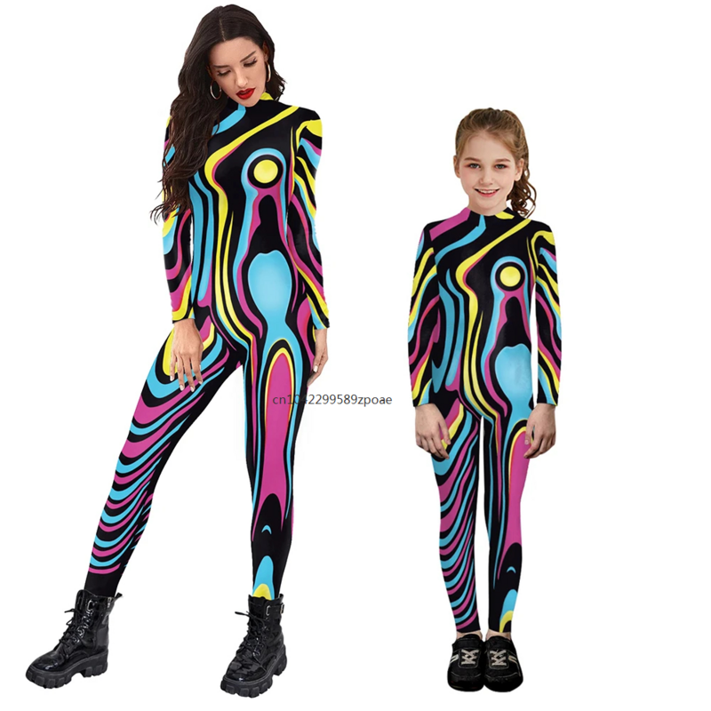 2024 Matching Outfits 3D Printed Purim Cosplay Costume Parent-Child Long-Sleeve Sexy Bodysuit Zentai Muscle Suit