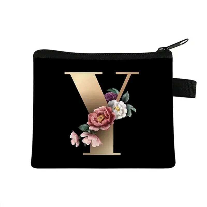 Fashion 26 Initials Flower Coin Purses A-Z Letter Women Men Mini Wallet Keychain Zipper Pouch Kawaii Money Holder Bag Gift Bag