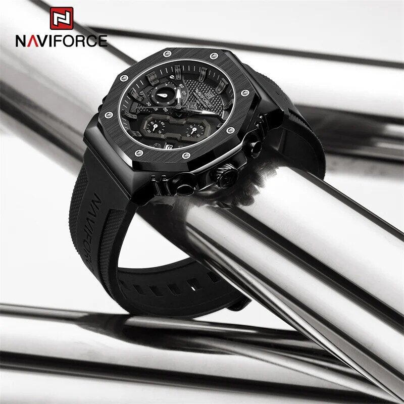 NAVIFORCE jam tangan pasangan tali silikon, jam tangan kuarsa olahraga kronograf tahan air bercahaya tanggal untuk pria wanita